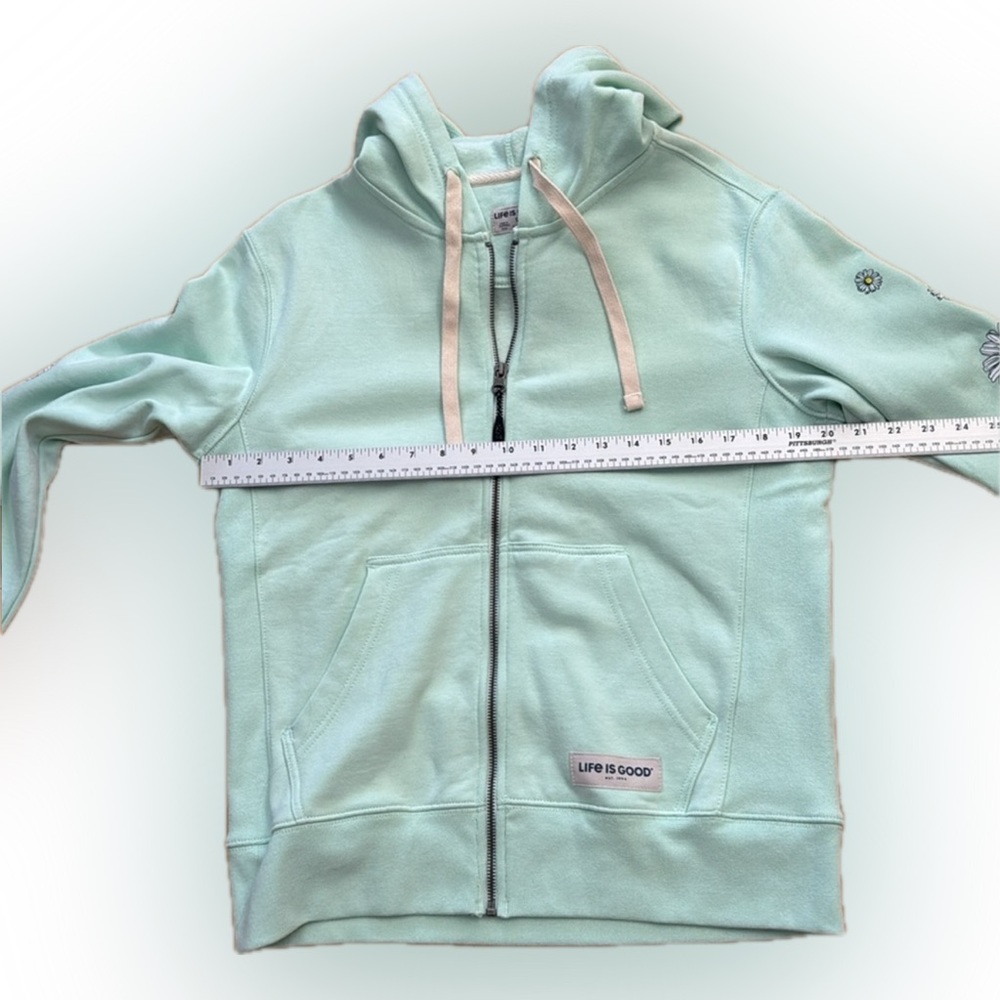 Life Is Good Mint Hoodie with Daisy 🌼 Sleeves & Pink Tag - Picture 3 of 9